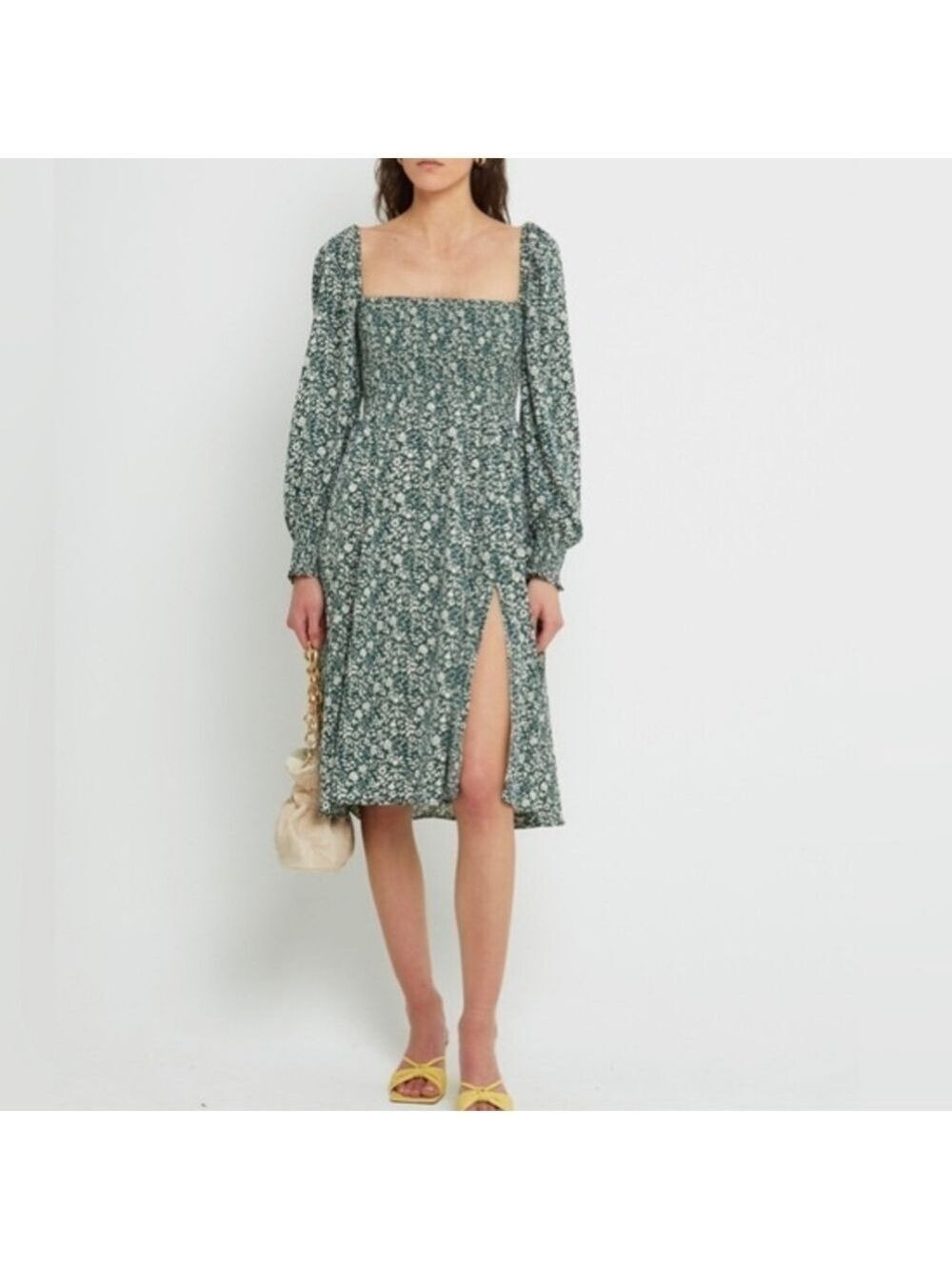 O.P.T. Lenon Classic Smocked Green Floral Midi Dress, Size S